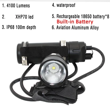 

Underwater XHP70 LED Diving flashlight Bulit-in Battery Waterproof Split wrist Led light Scuba dive Torch Lamp Light
