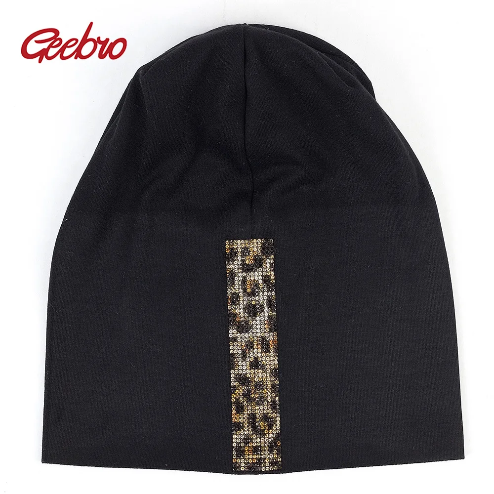 

Geebro New Women's Leopard Rhinestones Stretch Beanies Unisex Cotton Casual For Girls Man Spring Bonnets Skullies Hat Caps DT908
