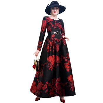 

Trench Dress Vintage 2018 Fallr Designer Dress Women's Elegant Long Sleeve Colorful Leaves Jacquard Ankle Long Dress 9040