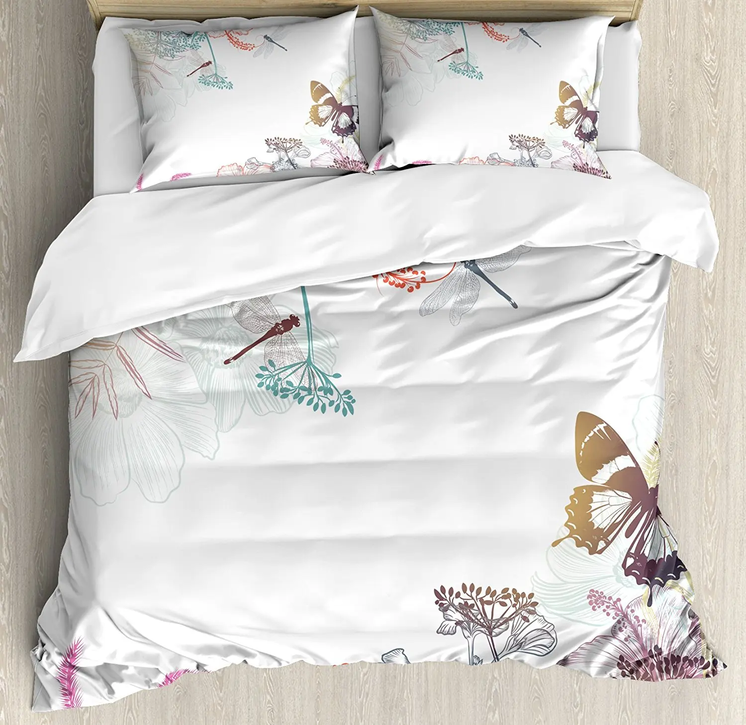 

Dragonfly Duvet Cover Set Wildflowers Hibiscus Blooms Herbs Fern Antique Botanical Elegance Design, 4 Piece Bedding Set