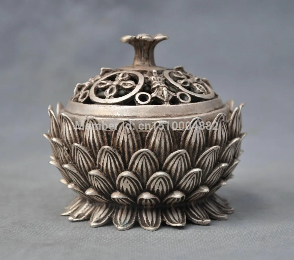 

shitou 0010 4'' China Silver Bronze censer Carved lotus Bronze Statue