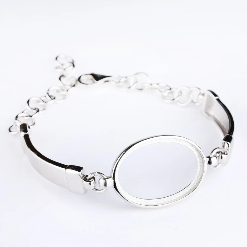 

925Sterling Silver Bracelet 17x24mm Oval Cabochon Amber Agate Opal Lapis Lazuli Gemstone Semi Mount Bracelet for Women DIY Stone