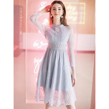 

Spring 2019 new women dress with nine-minute sleeves hollowed-out a-skirt ladies show thin lace dresses