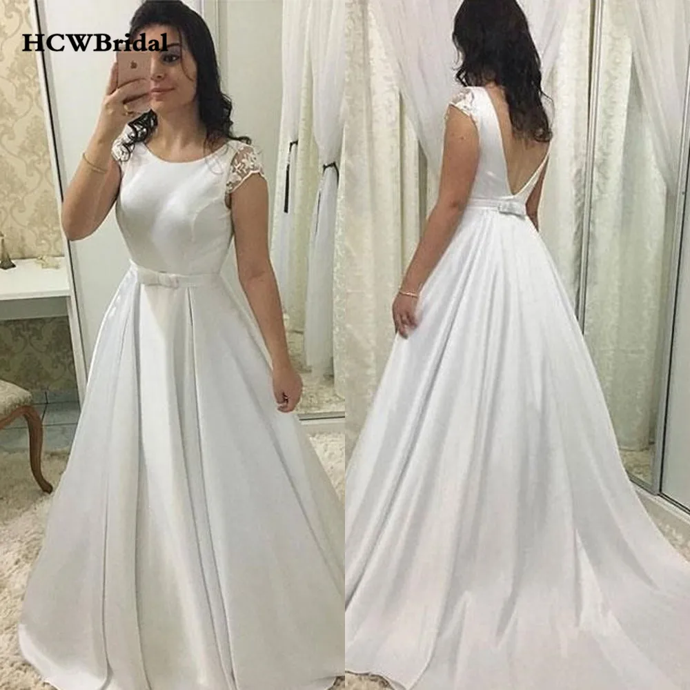2019 новый простой Сатин Белое свадебное платье с вырезом на спине трапециевидный Короткий кружевной рукав на заказ дешевое свадебное