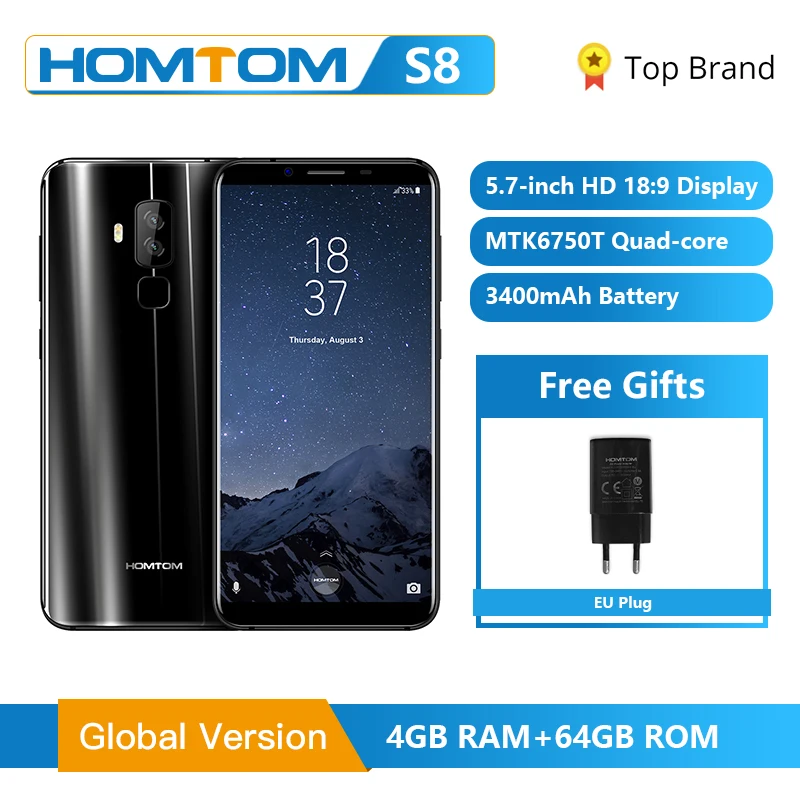 

New Original HOMTOM S8 Smartphone 4G 5.7" HD+18:9 MTK6750T Octa Core RAM 4GB ROM 64GB 16.0MP+5.0MP Dual Rear 4G Mobile phone