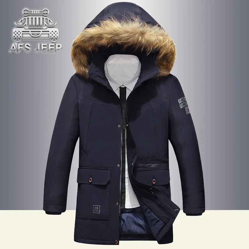 

AFS JEEP 2017 Newest Men's Down Jacket Parkas Coat Winter Coats Man solid Fit Coat with fur hood Men Winter Parkas 3X