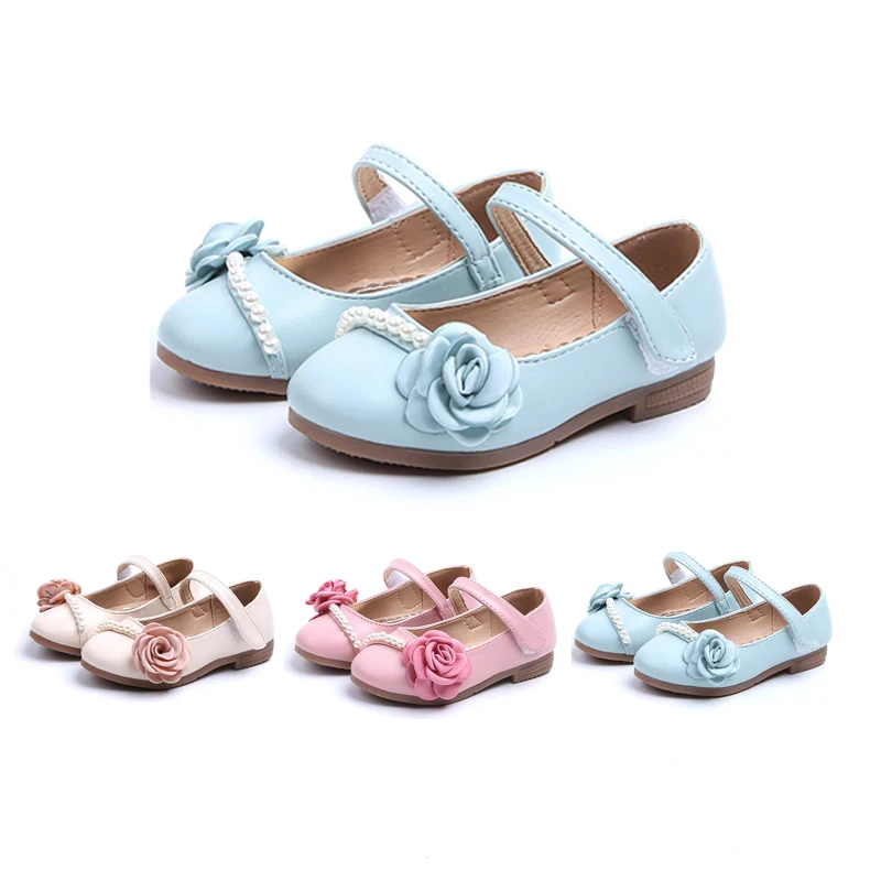 Kids Flower Children Girls Pears Beading Leather Dress Shoes For Teens