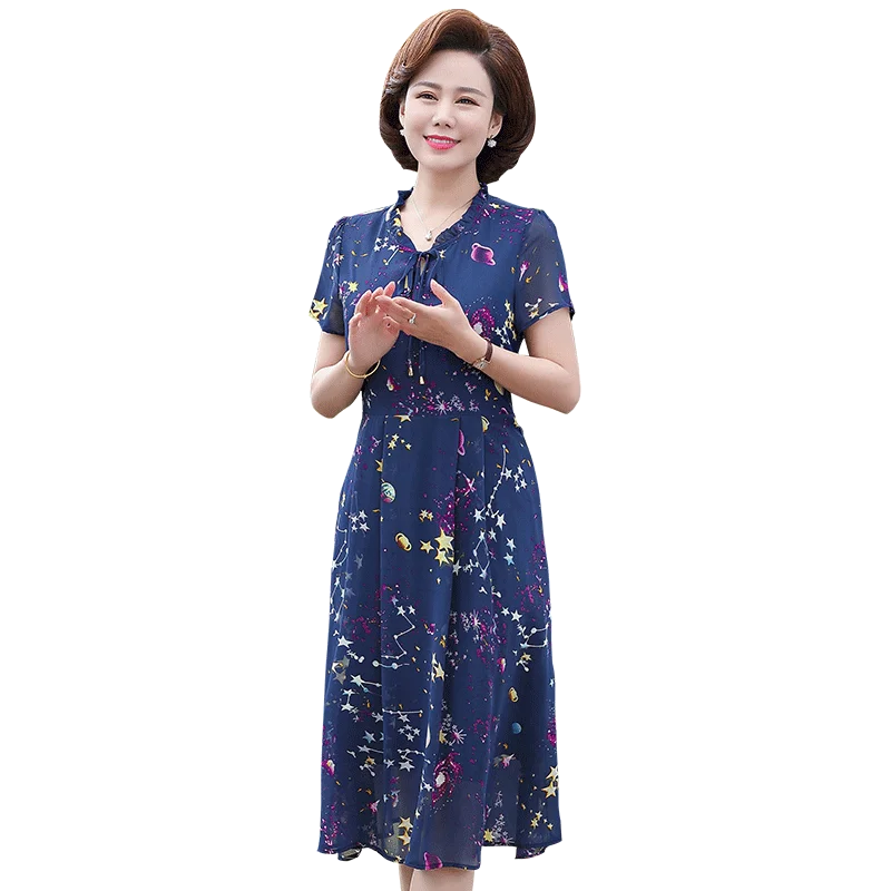 

Mother's Summer Dress 2019 Mid-aged 40-50-year-old Lady's Loose Floral Printed Dresses Blue/Black