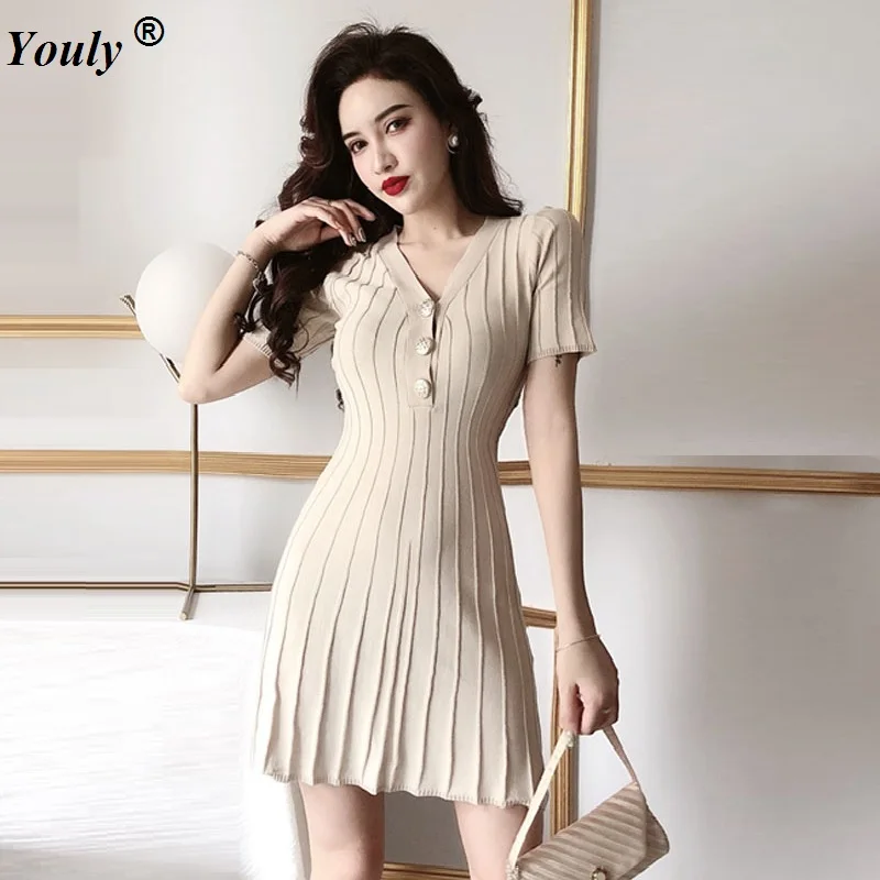 

Sexy Knitted V-neck Party Dresses Women Summer Button Short-Sleeved Tight Waistcoat Dress Female Casual Slim Pleated Dress