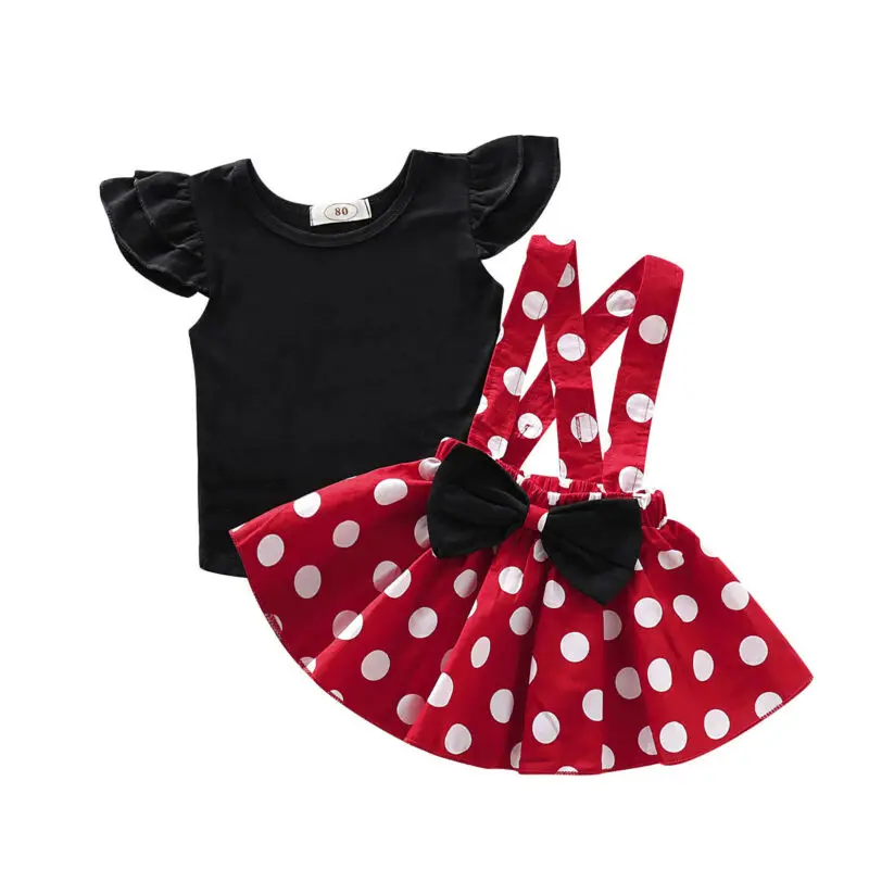 Комплект из 2 предметов; детская черная футболка с оборками для маленьких девочек; топ с бантом; красная юбка-пачка в горошек; платье на бретелях; комплекты одежды для детей