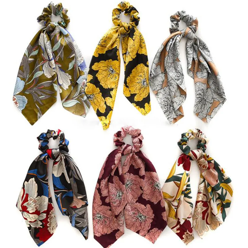 

2019 Summer Hair Scarf Fashion Bow knot Ponytail Holder Hair Scrunchies For Women Big Flower Headbands Elastic Hair Accessories