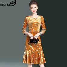 

ATOFUL Floral Print Velvet Women Dress Mermaid Vestidos O-Neck Knee Length 2017 Autumn Elegent Women Evening Party Dresses