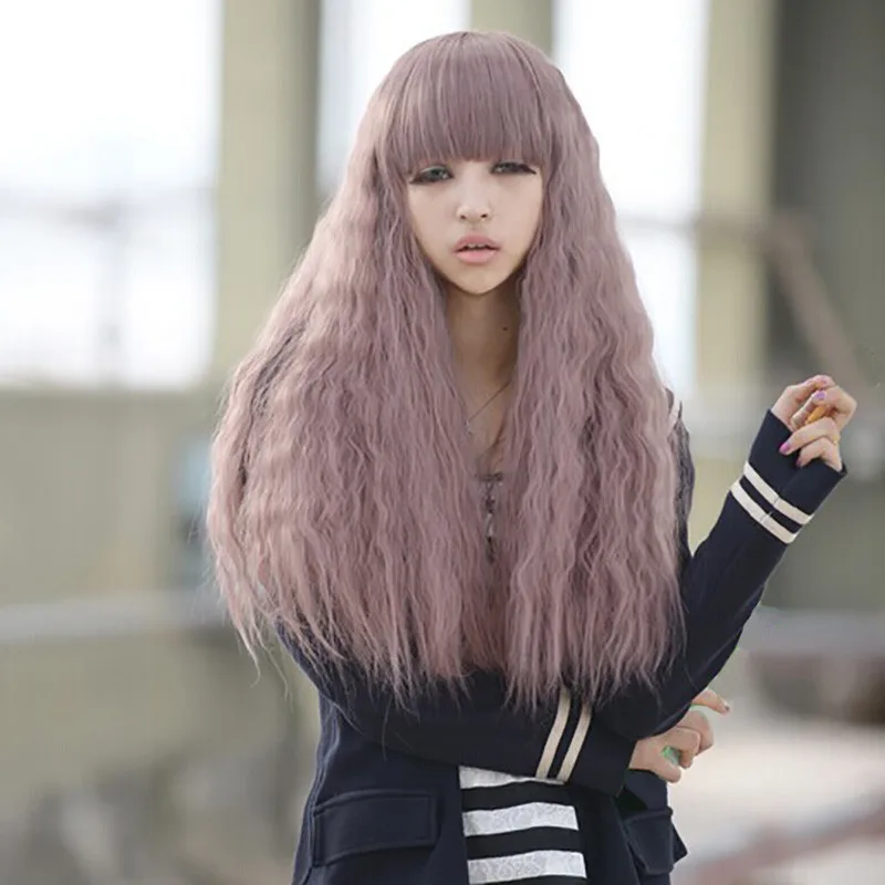 

High Quality Lolita Synthetic Hair Wigs With Bangs 65cm Long Corn Fluffy Curly Taro Color Wig Natural For Cosplay Party
