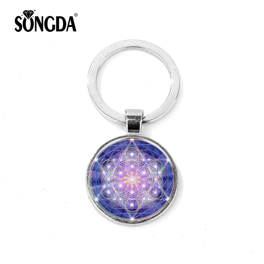 

SONGDA Metatron Cube Key Ring Hexagram Mandala Series Sacred Geometry Art Pattern Glass Cabochon Handmade Key Chain Accessories