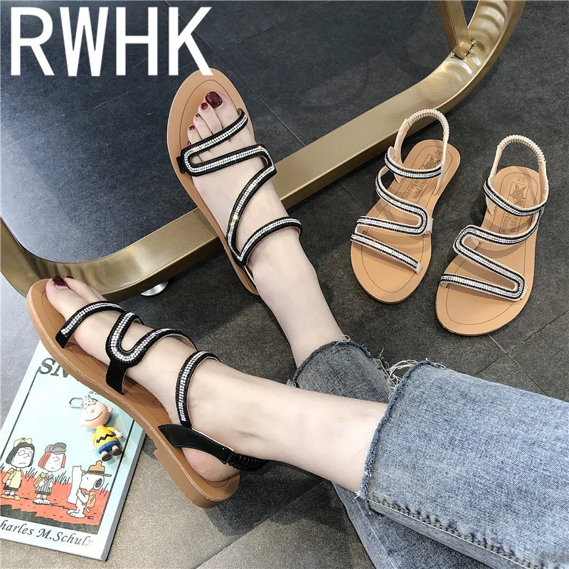 

RWHK 2019 new summer sandals female Roman student casual shoes serpentine rhinestone flat bottom buckle with sandals B129