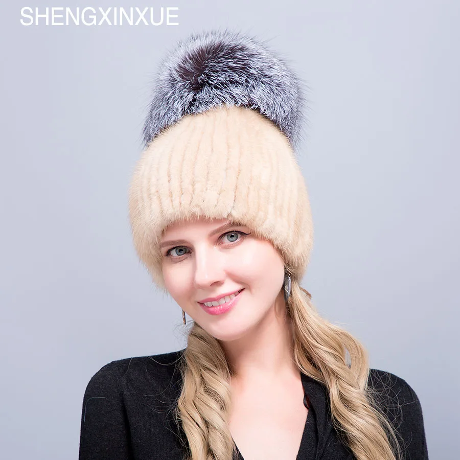 

JIQIUZHANXUEFEI 2019 New Arrival women hats real mink fur hat for women girls pompom caps