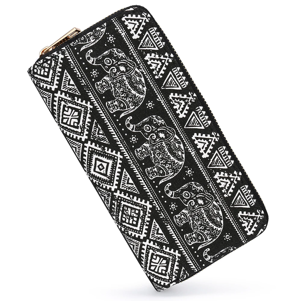 

SANSARYA Boho Elephant Wallets Women Hippie Long Zip Ladies Canvas Female Clutch Wallet Vintage Card Holder With Cupreous Zipper