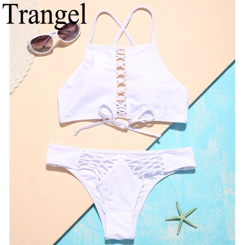 Trangel High Neck Bikini Set 2018 Solid Hollow Out Swimsuit Cross Strap Women Swimwear Bathing Suit Summer beach wear |