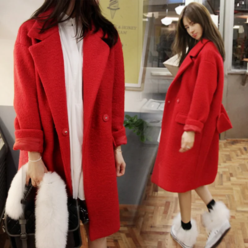 

UK 2019 Women Winter Oversized Woolen Tweed Coat Black Red Female Loose X-long Overcoat Thick Warm Casacos feminino