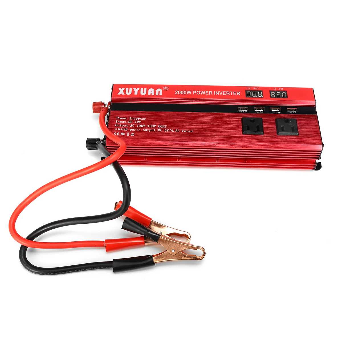 

2000W LED Display Power Inverter 4UBS 2 AC Outlets DC 12V to AC 110V Converter 0.9 Efficiency Protective Circuit Dual Screen