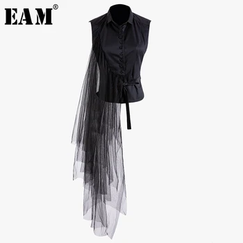 

[EAM] 2020 New Spring Summer Lapel Sleeveless Black Irregular Bandage Mesh Stitch Loose Shirt Women Blouse Fashion Tide JT870