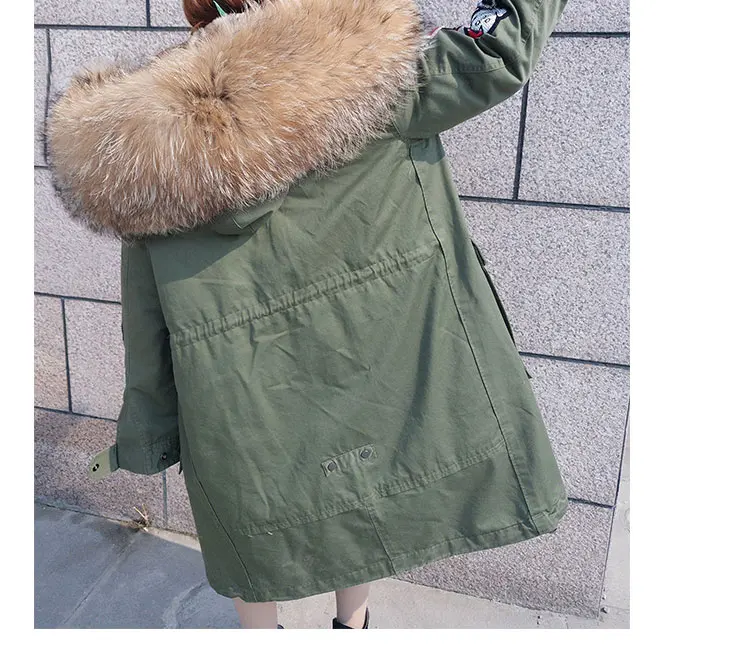 Длинное зимнее женское пальто с натуральным большим мехом енота, куртка с капюшоном, толстые теплые парки, модная армейская зеленая черная верхняя одежда