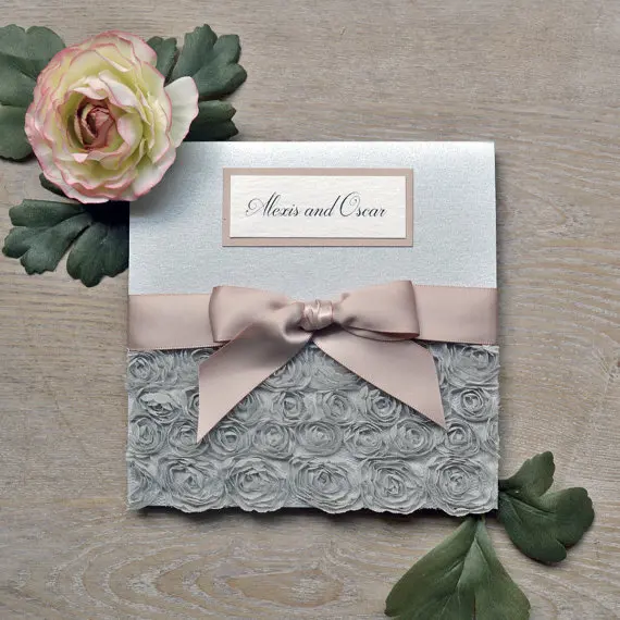 silver rosette wedding invitations square folding pocket invite card wedding invitation folding