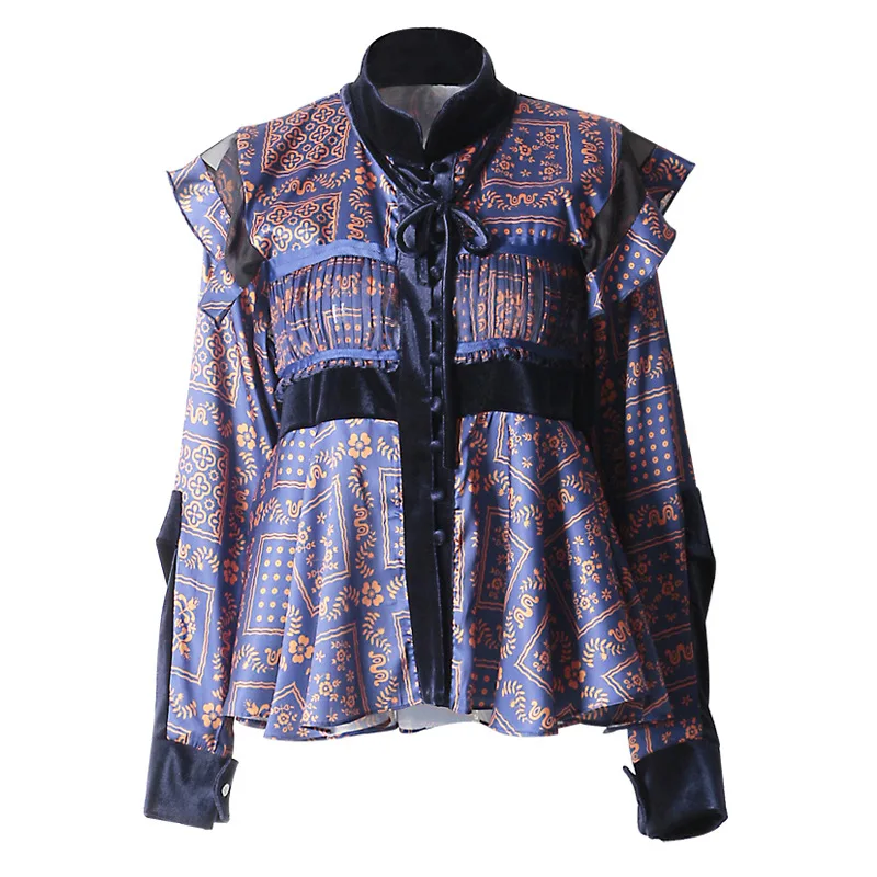 

2019 Spring women's stand collar ruffles Shirts Chic floral print long sleeves blouses G022
