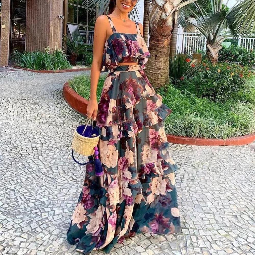 

New Women Fashion Summer Chiffon Ruffles Floral Printe 2 PCS Boho Maxi Dress