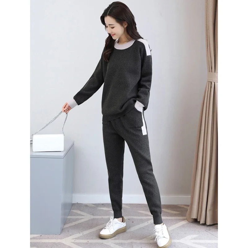Automne Printemps Patchwork Casual Pièce 2 brown Tricotés black beige caramel Costume Sportives Mode Haute Ensembles Femmes Quaity Gray Pour Sportswear Survêtement 4nBq8wXYx