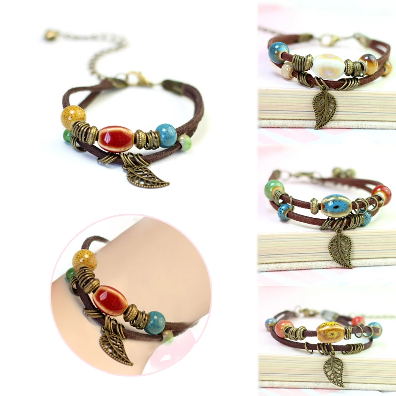 

4 Colors High Quanlity Ceramic Leather Allergy Free Graceful Adjustable Leaf Bracelet 1PC 2018 New Arrival Bohemia Handmade