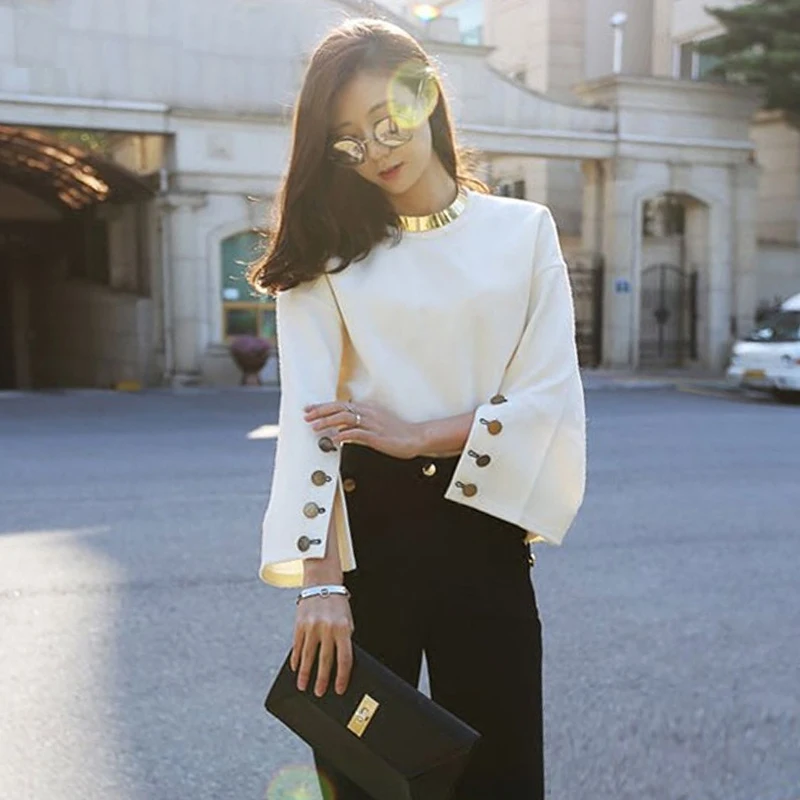 [CHICEVER] 2018 Autumn Flare Sleeve Split O-neck Lady Female Tops Women Sweater Clothes New Fashion Korean New