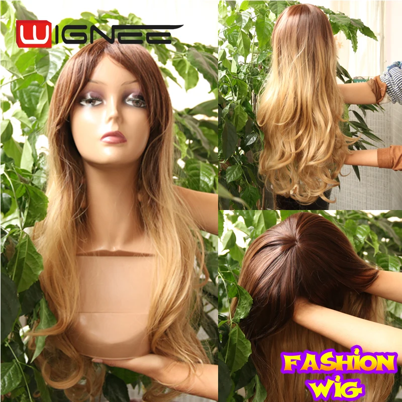 

2016 New Fashion Synthetic Wigs Brown Blonde Ombre Wigs For Woman High Temperature Long Wavy Skip Top Wigs Cheap Non Lace Wig