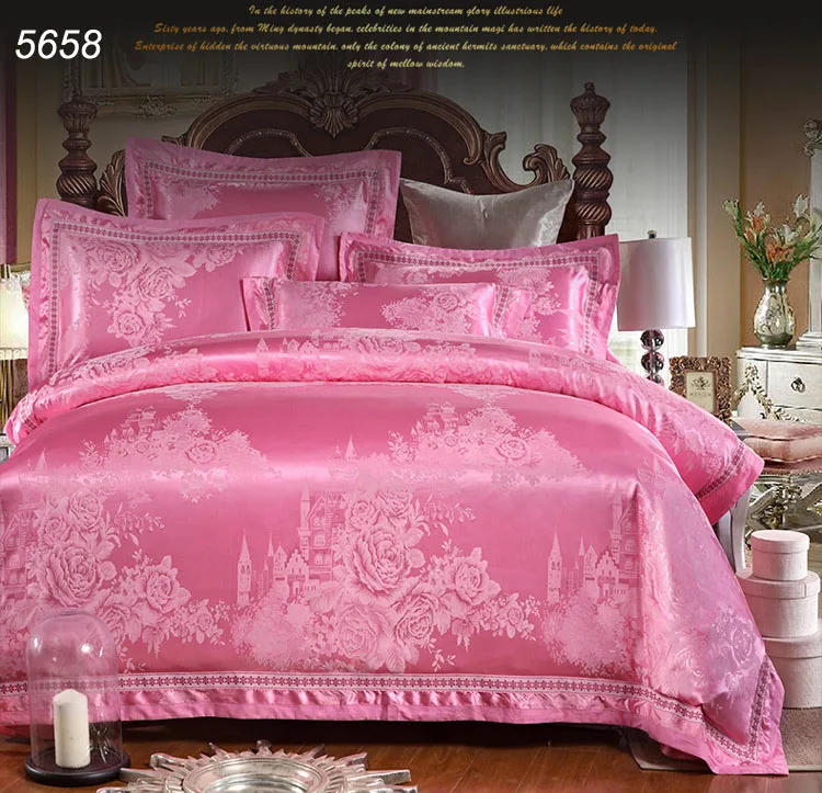 Europe castle jacquard silk bedding sets floral bed clothes pink