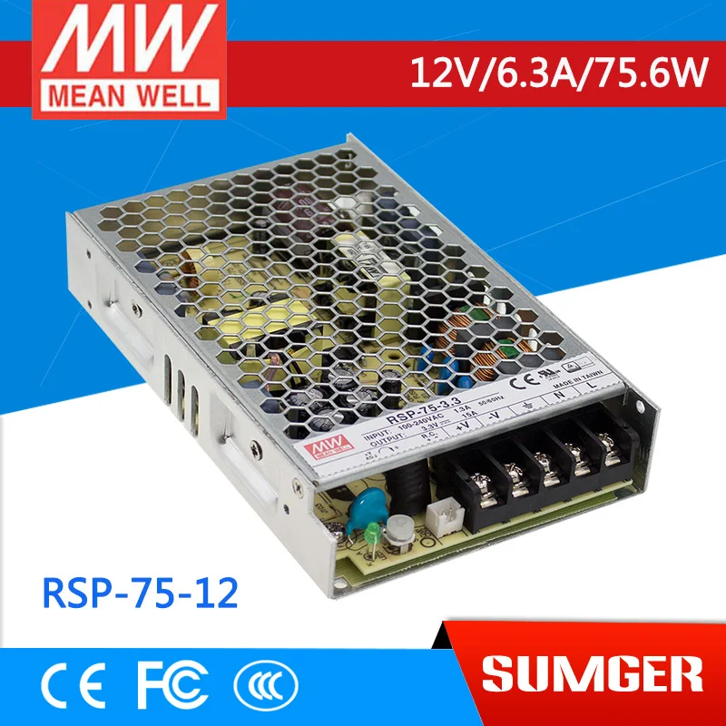 

[Freeshiping 6Pcs] MEAN WELL original RSP-75-12 12V 6.3A meanwell RSP-75 12V 75.6W Single Output with PFC Function Power Supply