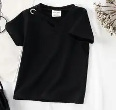 Детская одежда в Корейском стиле для девочек топ, футболка Ins Мода футболка для девочек, с v-образным вырезом, с коротким рукавом простой детский натуральный хлопок Детские рубашки - Цвет: Black