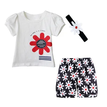 

Baby Girl 3 Pieces T-shirt + Shorts +Headband Sunflower Baby Clothing Sets 2018 Summer 0-2 Years 80 90 95