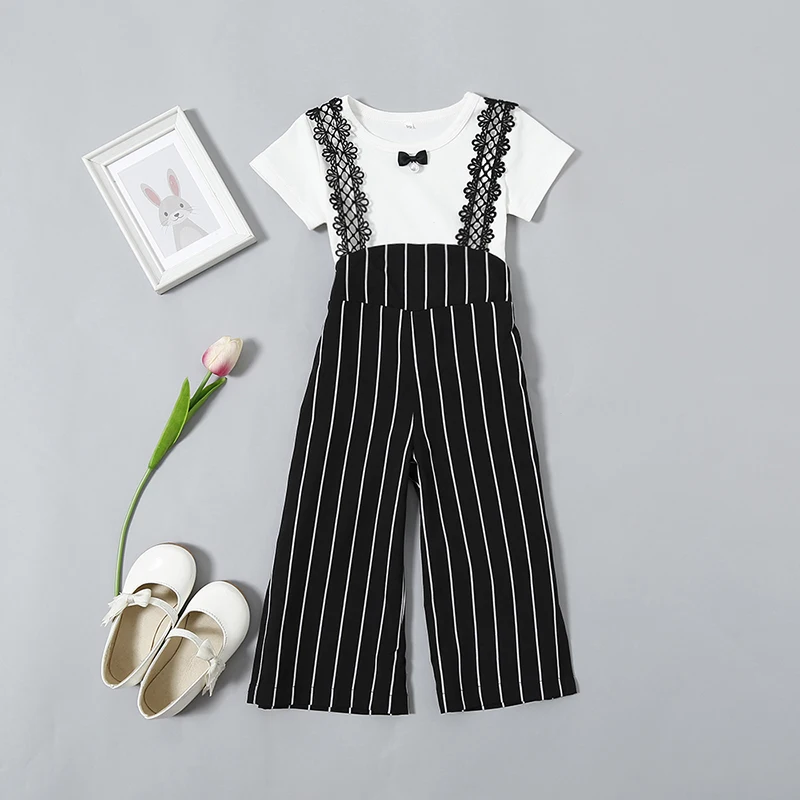 

Toddler Kids Baby Girl Clothing Short Sleeve Bow Tops + Striped Wide Leg Pant Brace Veralls Pants 2PCS Outfits Clothing Set