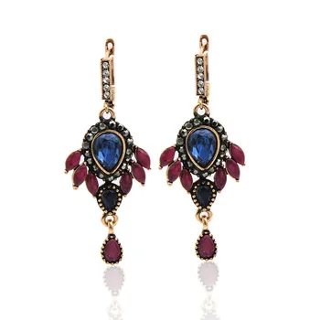 Turkey Bride Water Drop Resin Flower Earrings Hollow Fireworks Long Hook Earring Vintage Jewelry Antique Gold Color Arabia Dance