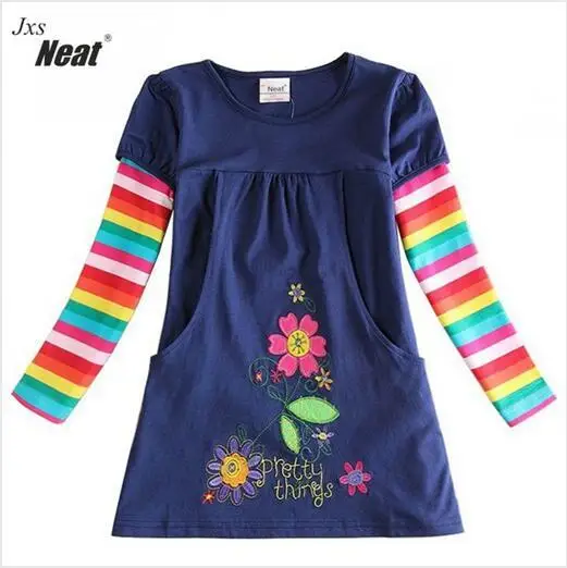 Платье с длинными рукавами для девочек; фирменные платья для девочек с цветочной вышивкой и карманами; милое детское платье для девочек; H5802 - Цвет: H5802 navy
