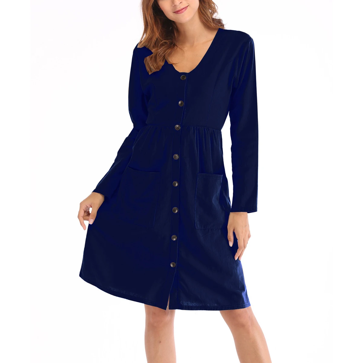 New Arrival Women Autumn Fashion V neck Long Sleeve Button Dress Women