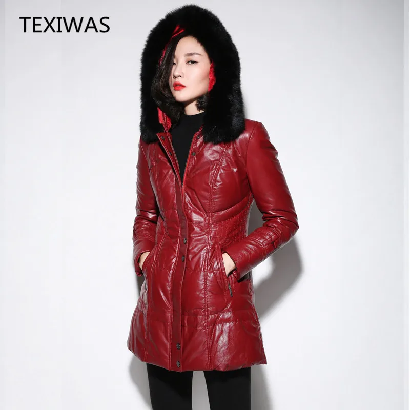 TEXIWAS Winter Warm Thick hooded Duck Down Genuine Leather