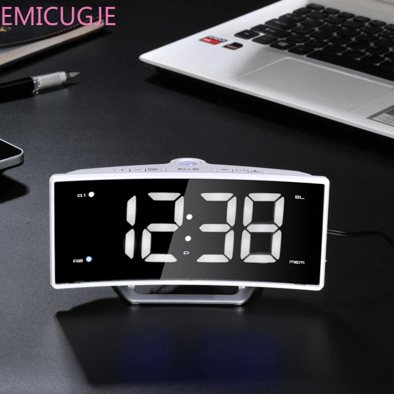 Настольный Большой светодиодный зеркальный часы электронные цифровые светящиеся Настольные часы usb функция зарядки Arc радио проекционный будильник