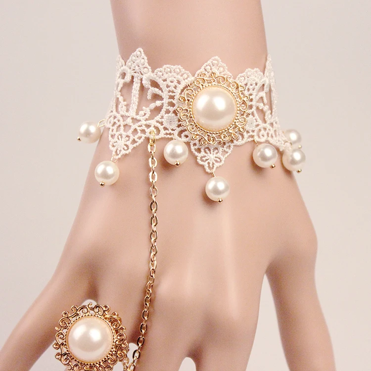 

24pcs/lot Beauty Lady Bracelet Classic Sumulated Pearl Ring And Bracelet Lace Beaded Bracelets for Men Women Best Friend Hot