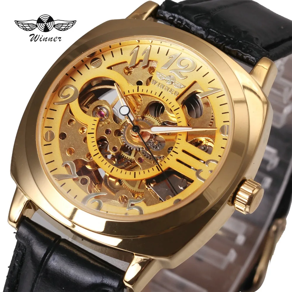

WINNER Top Brand Luxury Watches for Men Japan Automatic Movement Leather Strap Golden Skeleton Dial Men Mechanical Wrist Watc