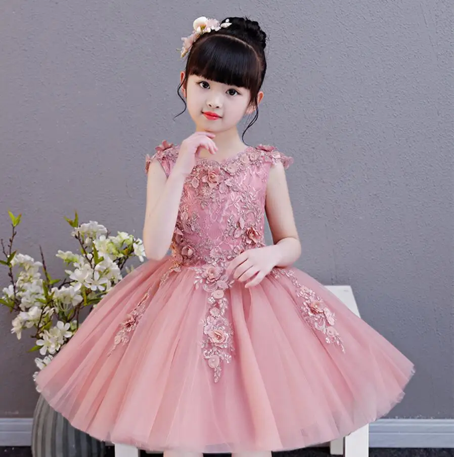 

Girl Children Wedding Dress Appliques First Holy Communion Party Formal Sleeveless Lace Princess Party Prom Dress for Girls