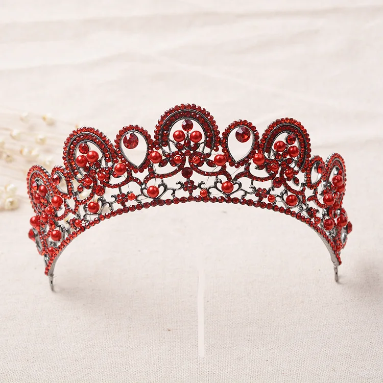 

Luxury Vintage Red Crystal Pearl Princess Tiara Gold Rhinestone Pageant Crown Diadem for bride Hairband Wedding hair accessories