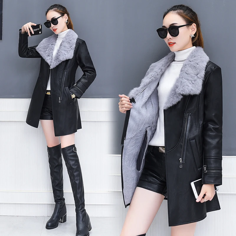 Beste Winter 2018 Nieuwe Mode Lederen PU Jas Grote Bontkraag met Riem Lange Plus Size 3XL PU Jas Uitloper Jas slanke lederen jas