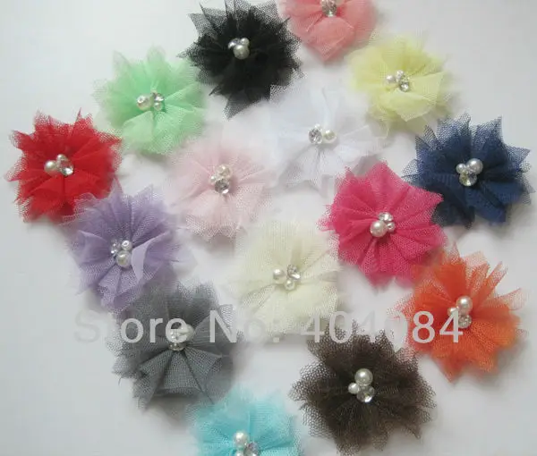 

2.5"Mini Tulle Mesh Flowers With Rhinestone Pearl Center Poof Flowers headbands Accessories 30pcs/lot drop shipping