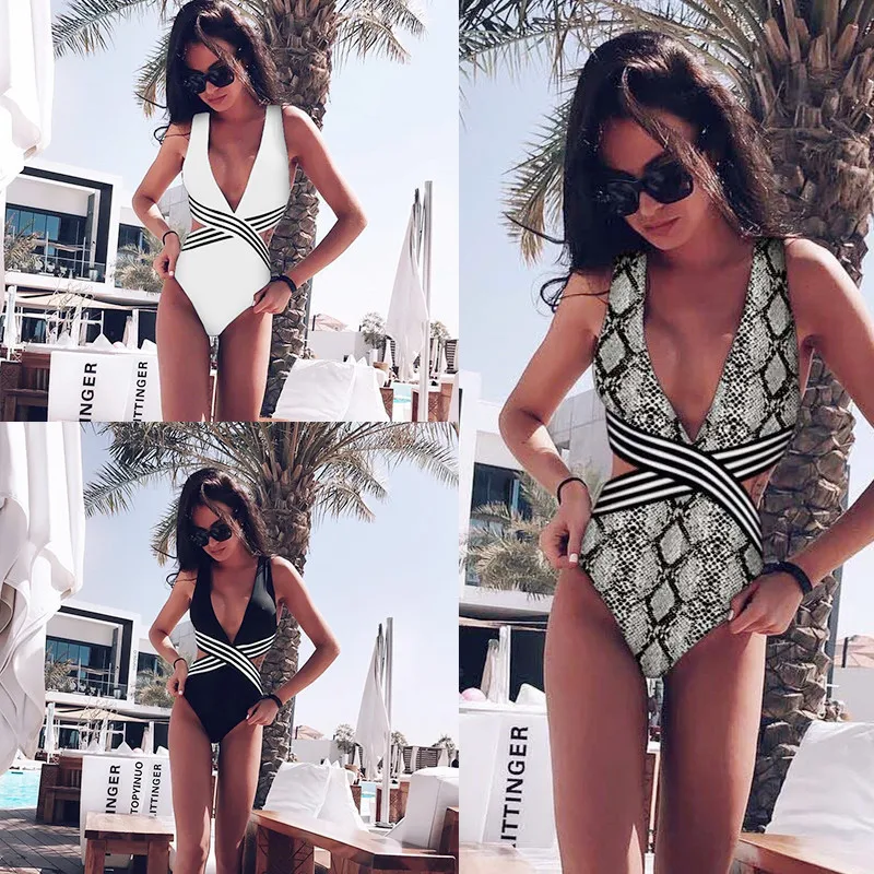 

2019 Deep V Black Swimwear Women One Piece Stripe Patchwork Swimwear Halter Bathing Suit Beach Wear Maillot De Bain Monokini